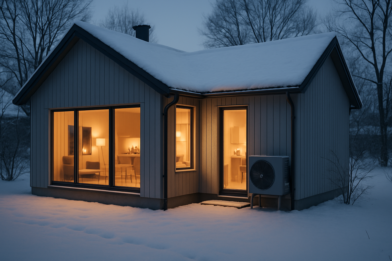 Ett modernt svenskt hus med luftvarmepump utanför på vinterns kväll