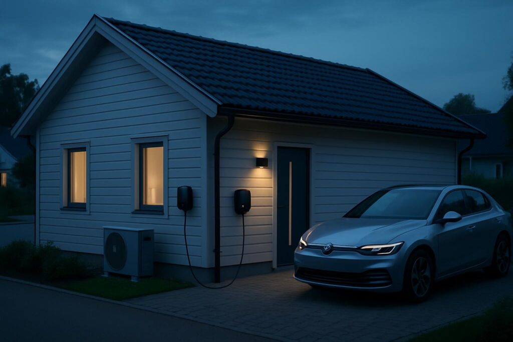 Modern hus med elbil och laddstation med värmepump för lägre elkostnad.