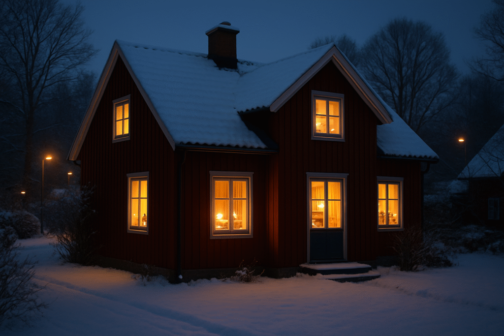Varmt belyst svenskahem under vintern med snö och stöd för elpriser.