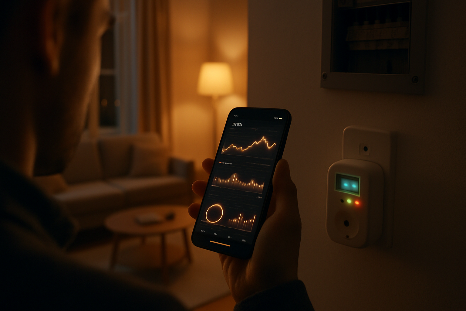 Person använder smartphone med energimätare i ett modernt hem.