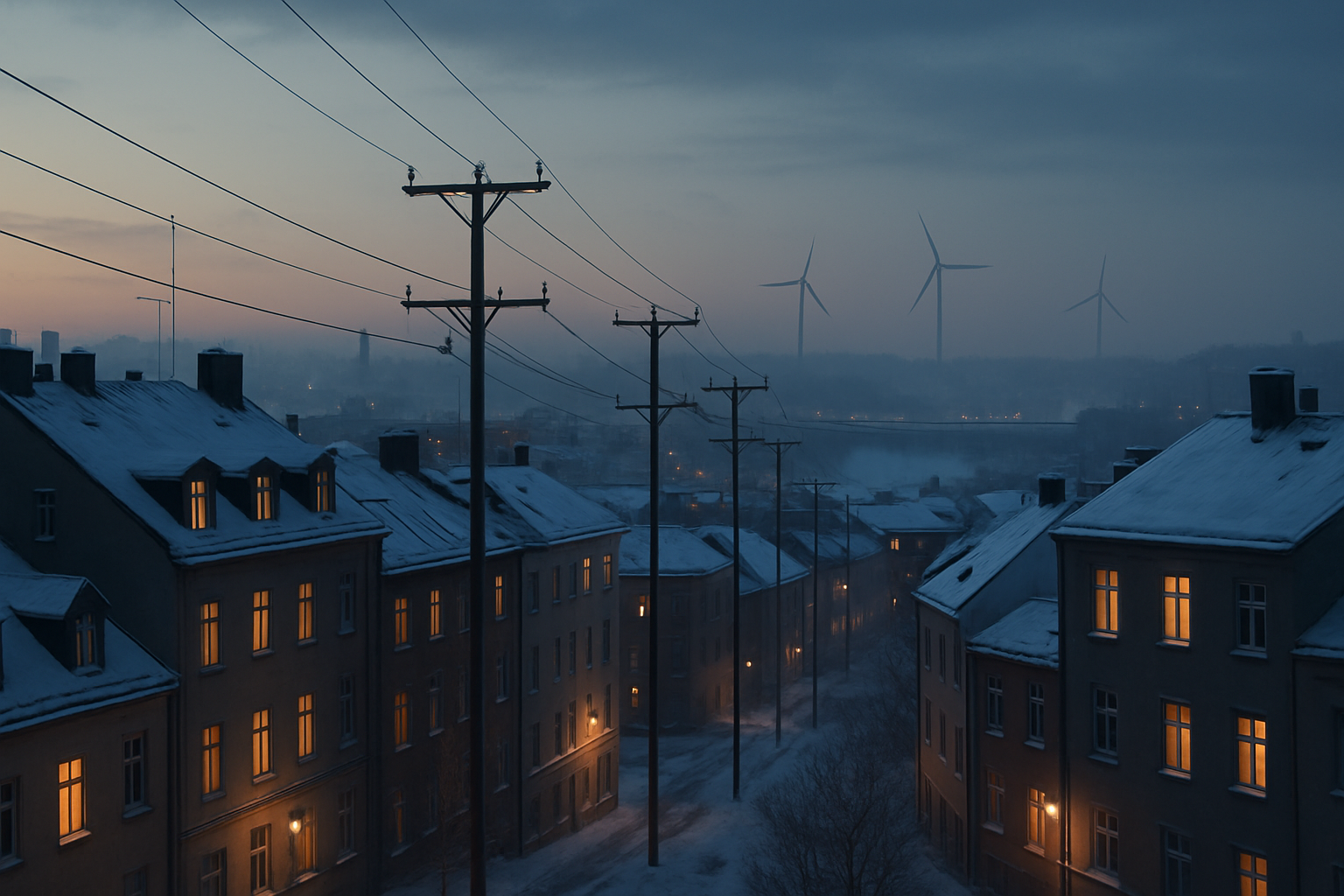Morgonbild av en stad med snöiga taken och kraftledningar som symboliserar energibrist och effektbrist.
