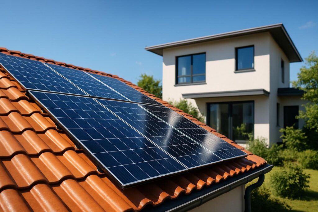 Modern tak med solceller visar egenanvändning av el på huset.