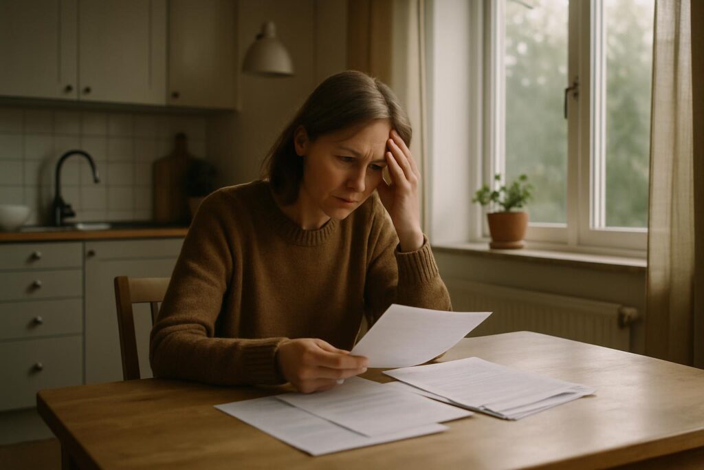 Person som granskar elräkningar i ett svenskt hem för att spara elutgifter.