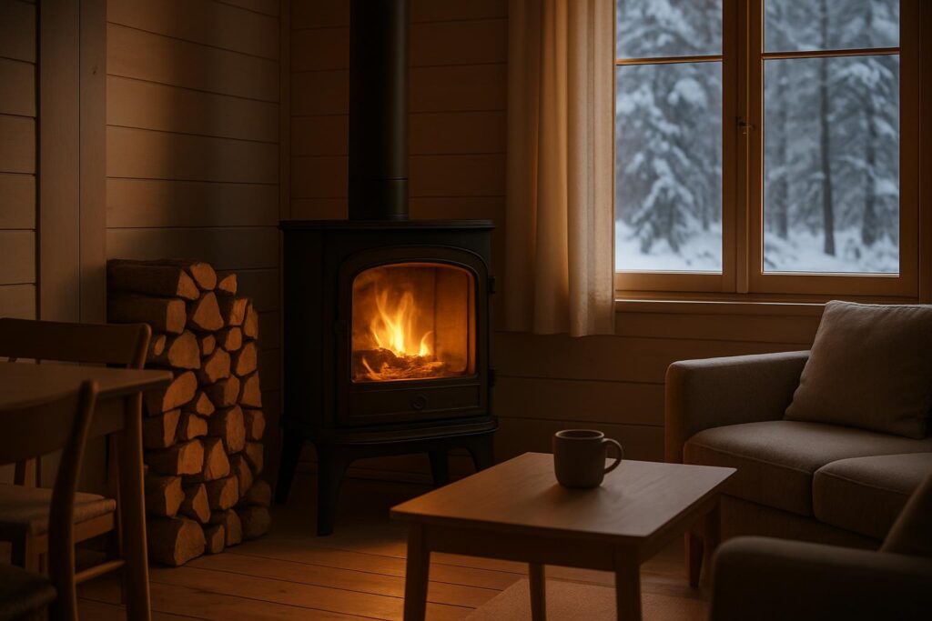 Varm eldstad i ett svenskt hem med snöig skog utanför, visar hållbar biomass energi