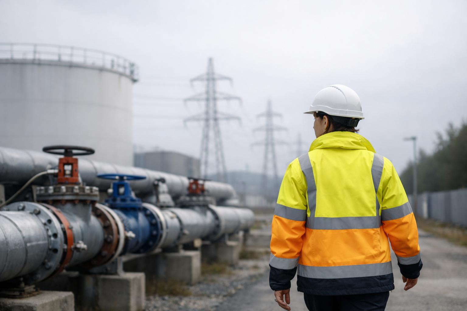 Person i vit hjälm och reflexjacka går förbi energianläggning med kraftledningar.