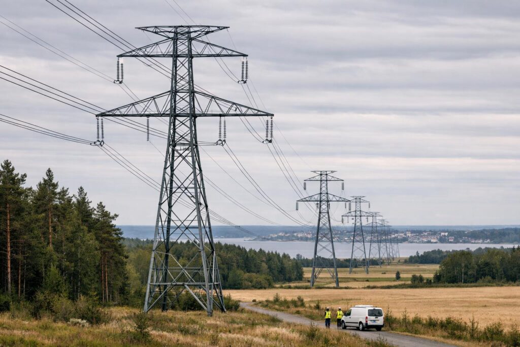 Högspänningsstolpar över landskap mot kuststad; två arbetare vid vit servicebil.