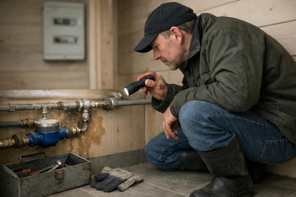 Fritidshusägare i gummistövlar undersöker vattenrör, vattenmätare och fuktfläck.